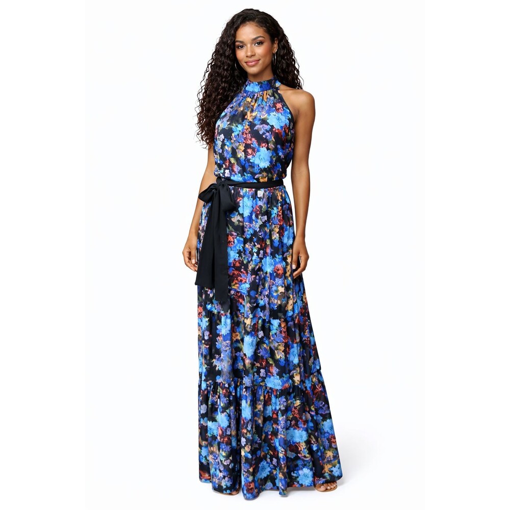 New York & Company Womens Blue Watercolor Sleeveless Halter Maxi Dress Medium